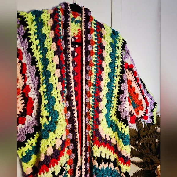 Handmade Crochet Maximalist Long Hex Square Granny Square Short Sleeve Cardigan - Picture 2 of 12